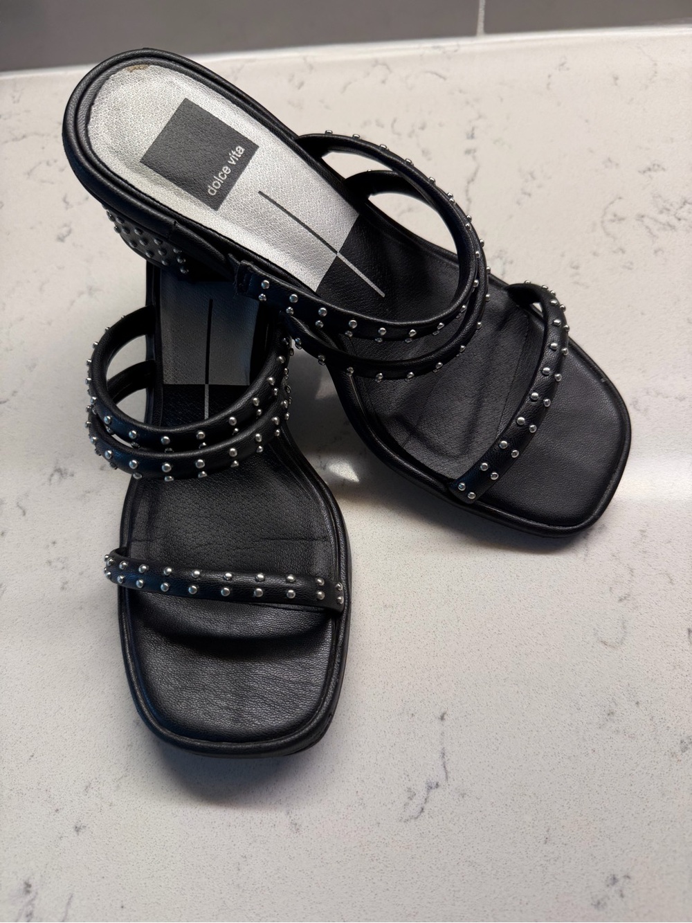Dolce Vita Black Studded Triple-Strap Block Heel Slides - Picture 2 of 7